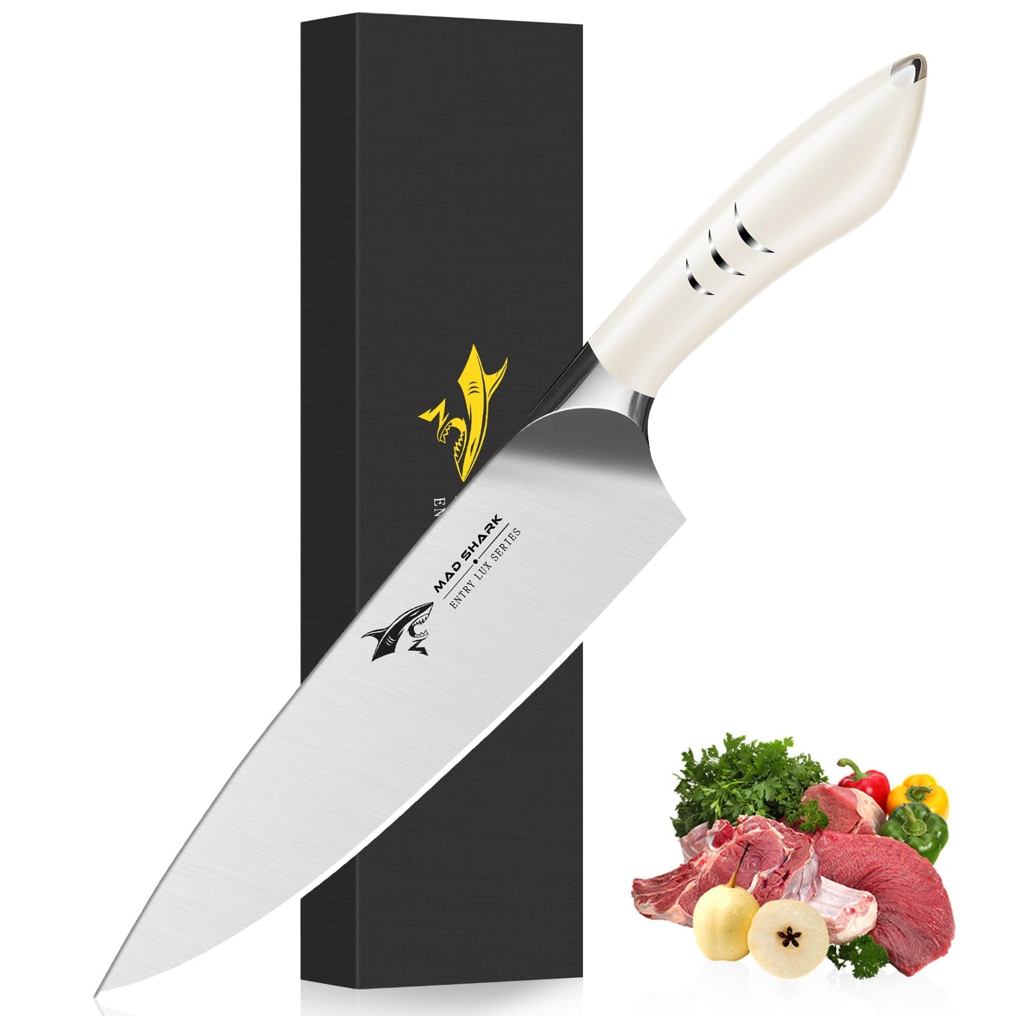 MAD SHARK Chef Knife 8 inch Kitchen Knife High Carbon Stainless Steel Sharp Chef's Knives with Ergonomic Handle, Cooking Knife with Gift Box, Birthday Gifts for Mom/Dad(White)