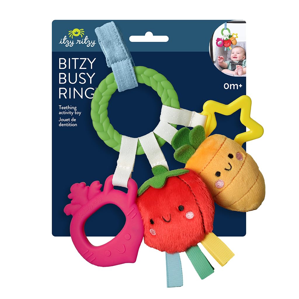 Itzy Ritzy Teething Activity Toy - Bitzy Busy Ring Infant Teething Toy Features Braided Ring & Dangling Toys, Includes Teether, Ribbons, Crinkle Sound & Jingle Bell - 0 Months & Up (Veggie)