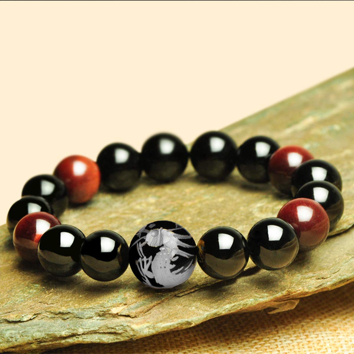 Merdia Men's Tiger Eye Stone Elastic Bead Bracelet with Loong Pattern