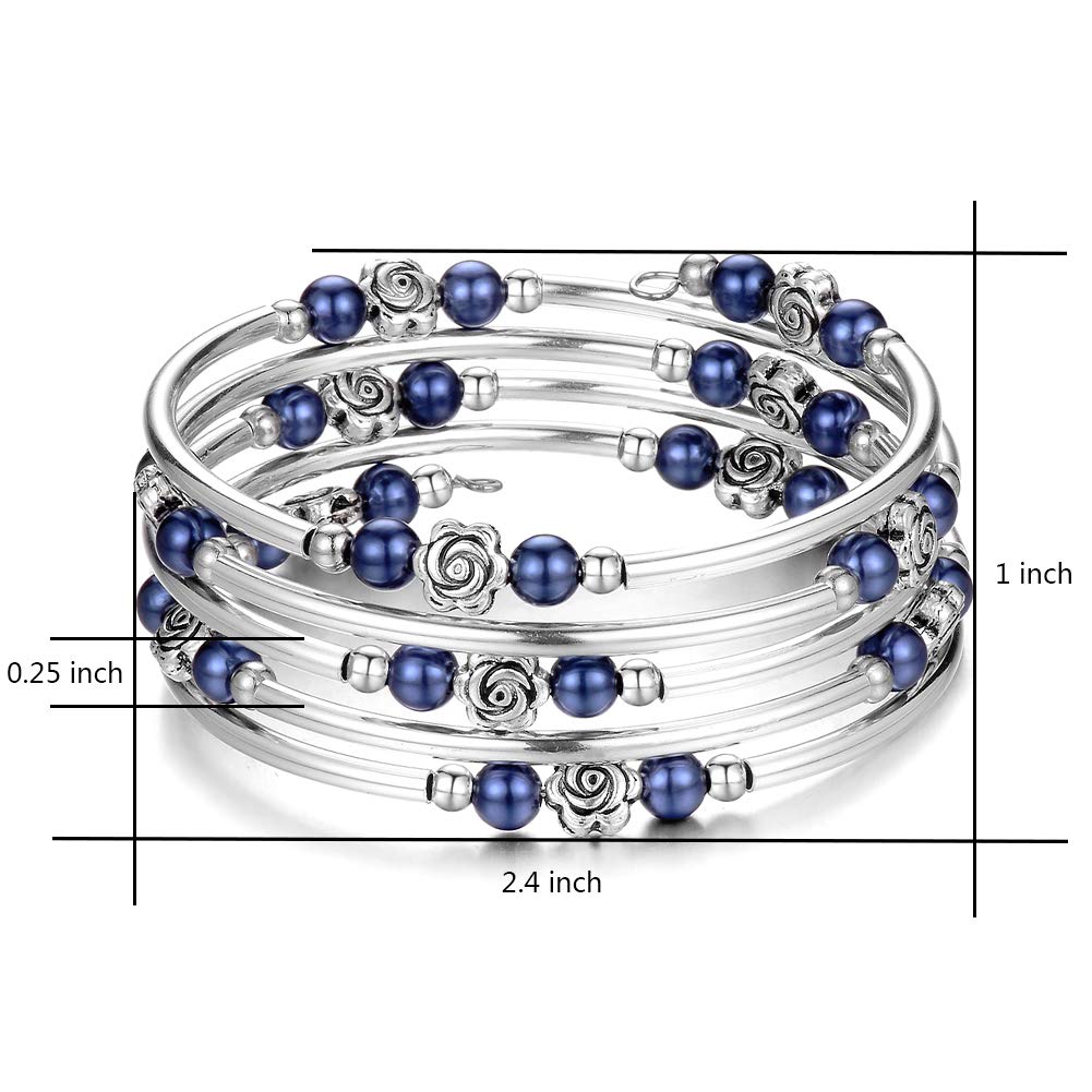 BULINLIN Wrap Bangle Rose Bead Bracelet - Beaded Bracelet with Natural Agate Stone Gifts For Women(01-Navy blue pearl)