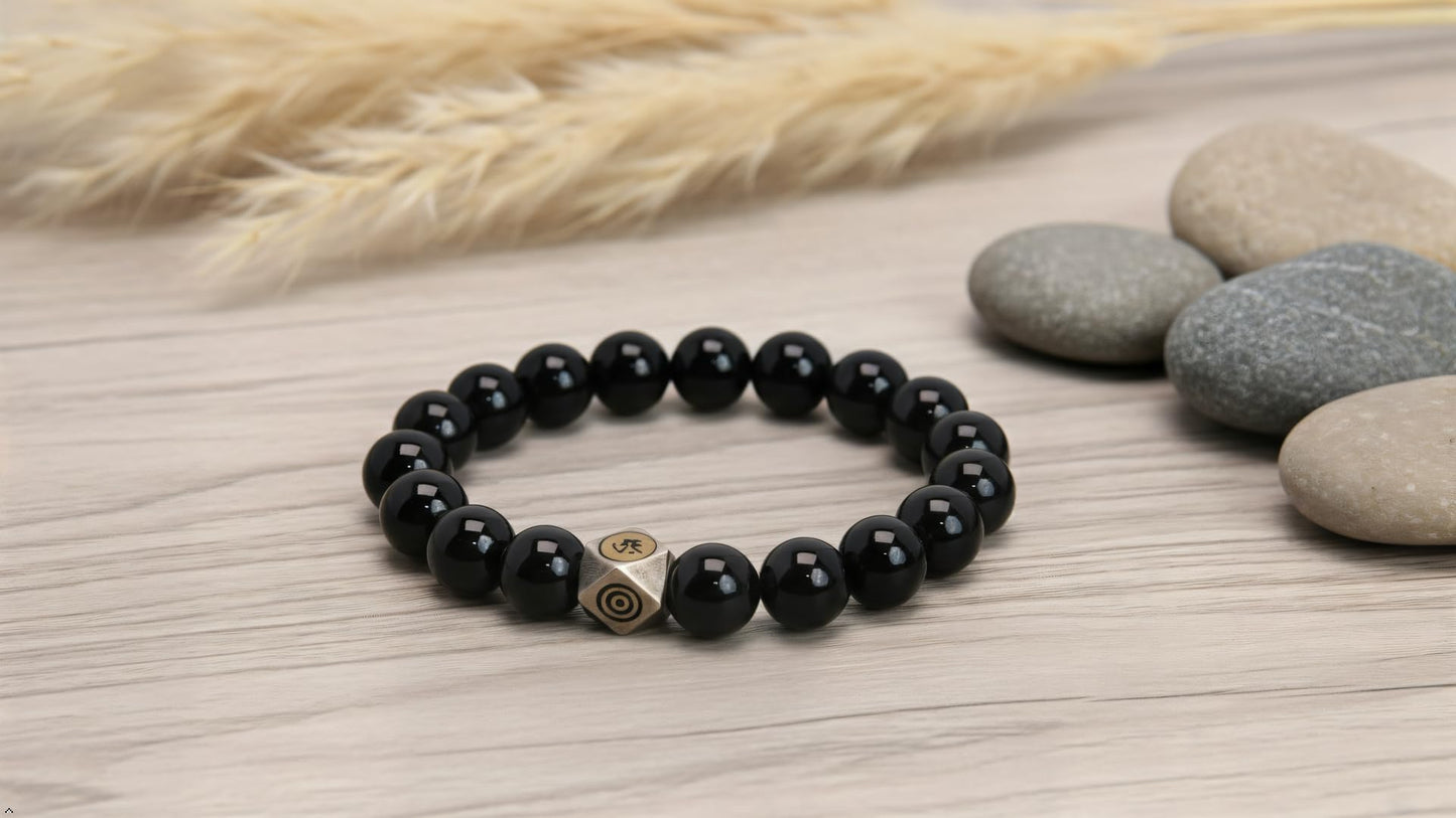 FAIRY CONCEPT Natural Black Obsidian Beaded Bracelet with Metal Charm, Polished Stone Beads, Elastic Stretch Design, Unisex Protection Jewelry