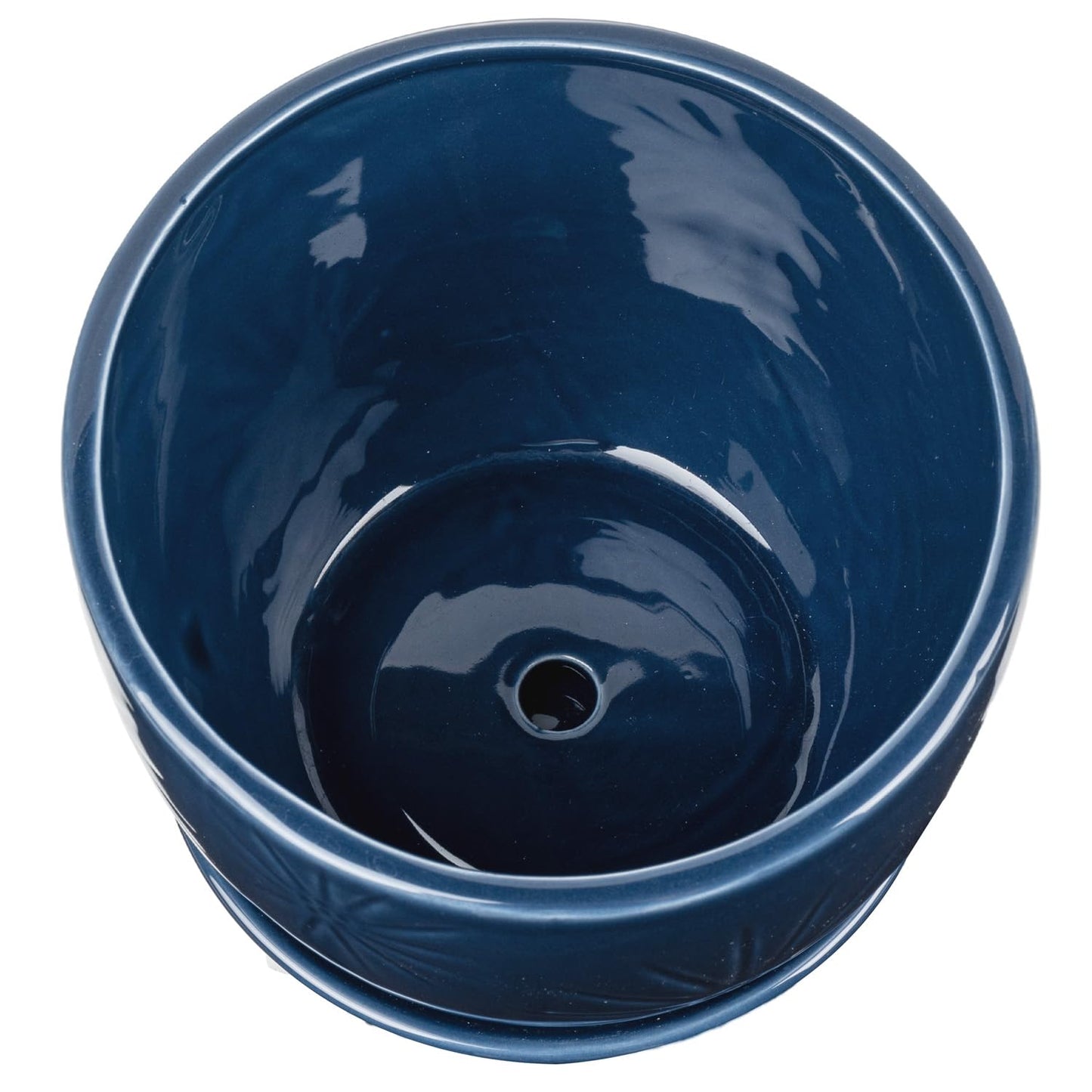 MyGift 7 Inch Round Blue Ceramic Plant Pot with Drainage Hole and Attached Saucer, Modern Decorative Embossed Sunburst Planter Container for Indoor Home Garden