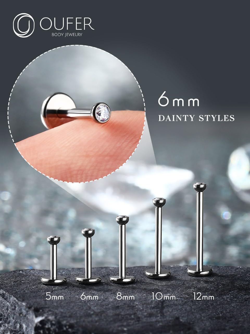 OUFER 2PCS Nose Rings Studs, G23 Solid Titanium 18G Silver Threadless Helix Earring Flat Back, Tiny CZ 2MM Nose Nostril Helix Tragus Piercing Jewelry for Women Men-6MM