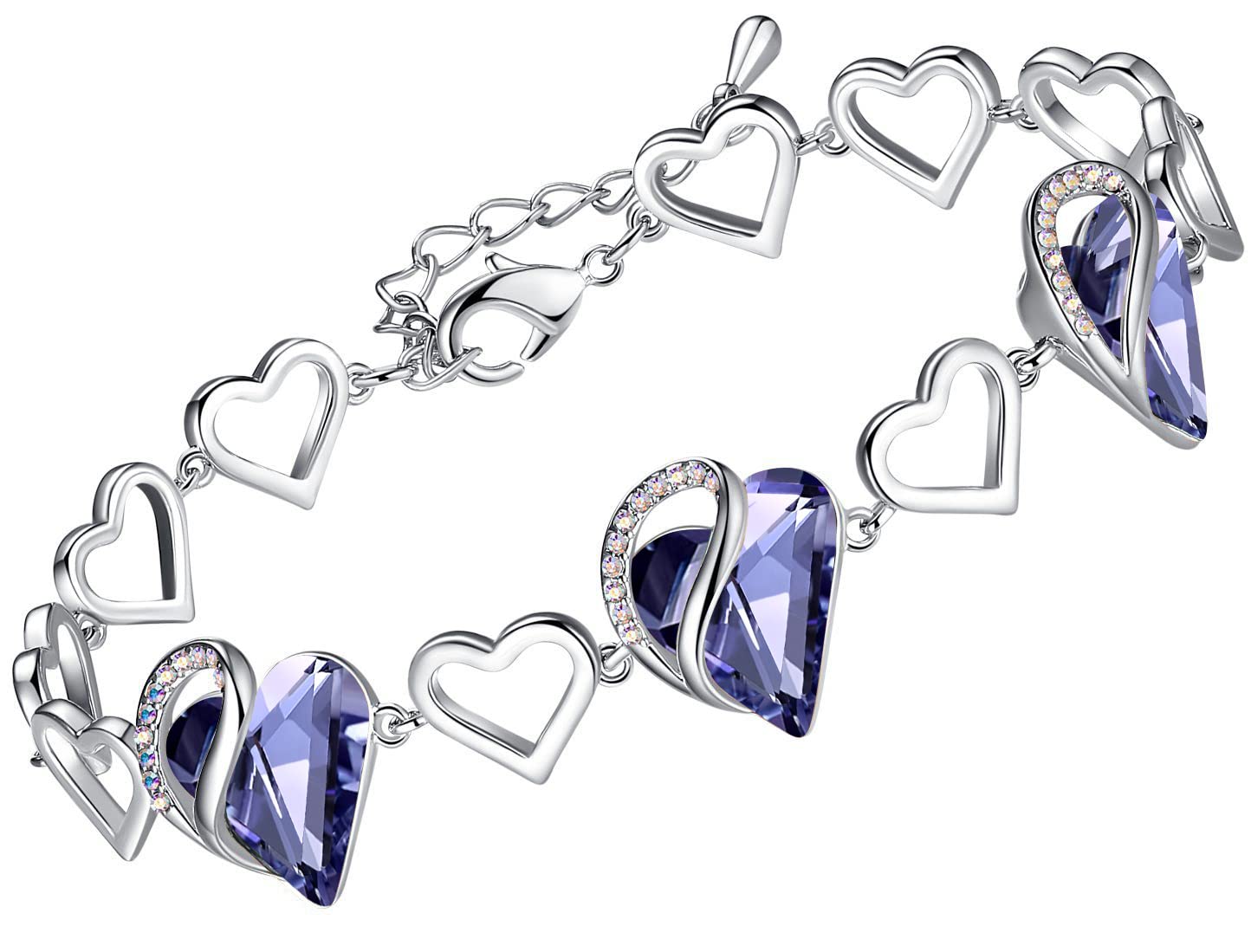 Leafael Infinity Love Heart Gift Bracelet for Women, February Birthstone Crystal, Tanzanite Purple, Silver Tone, 7-inch Chain and 2-inch Extender