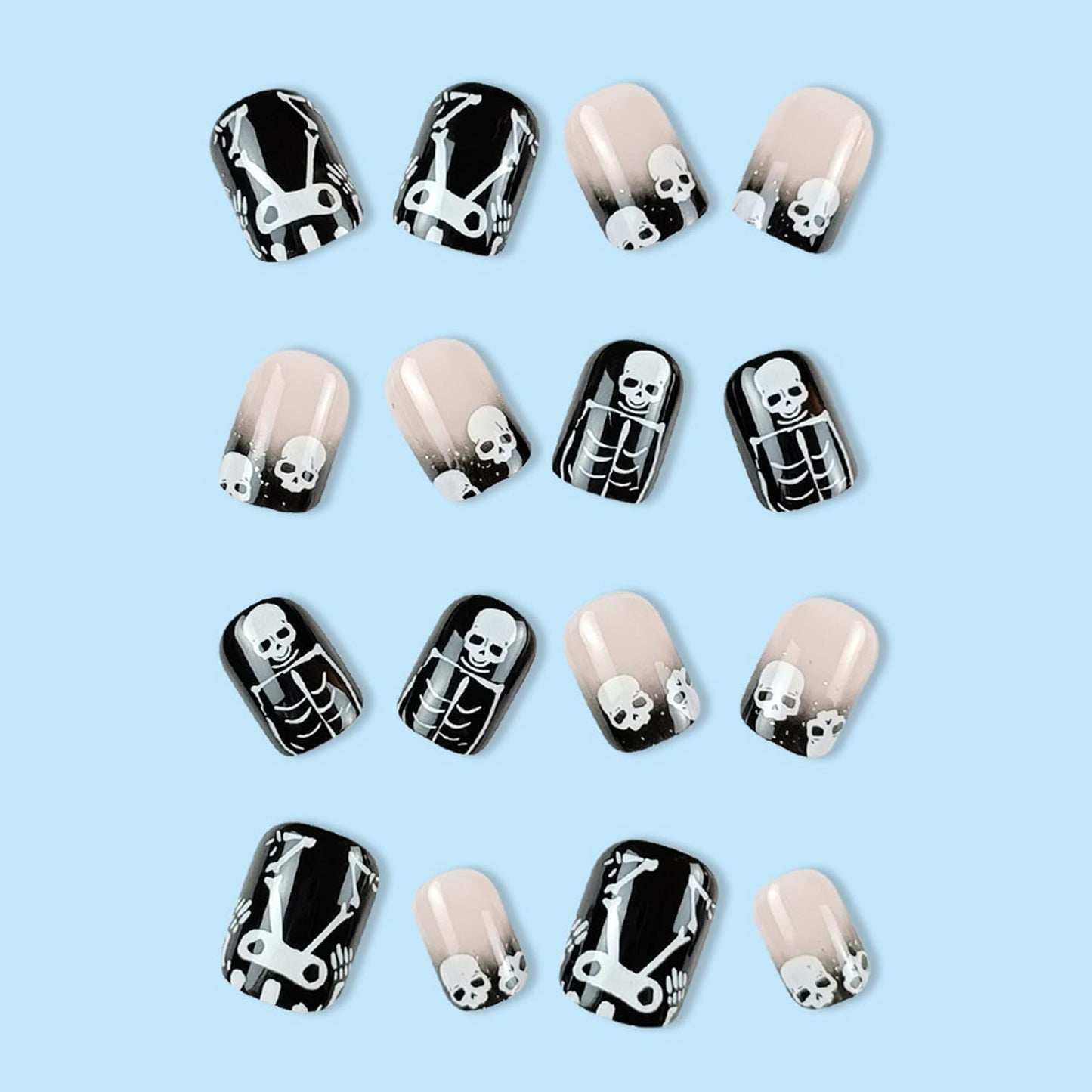 Halloween Press on Nails Short Square Fake Nails Glossy Full Cover Goth Nails with Skull Designs Halloween Acrylic Nails Press on Nails black Horror Nails for Women Girls Party 24pcs