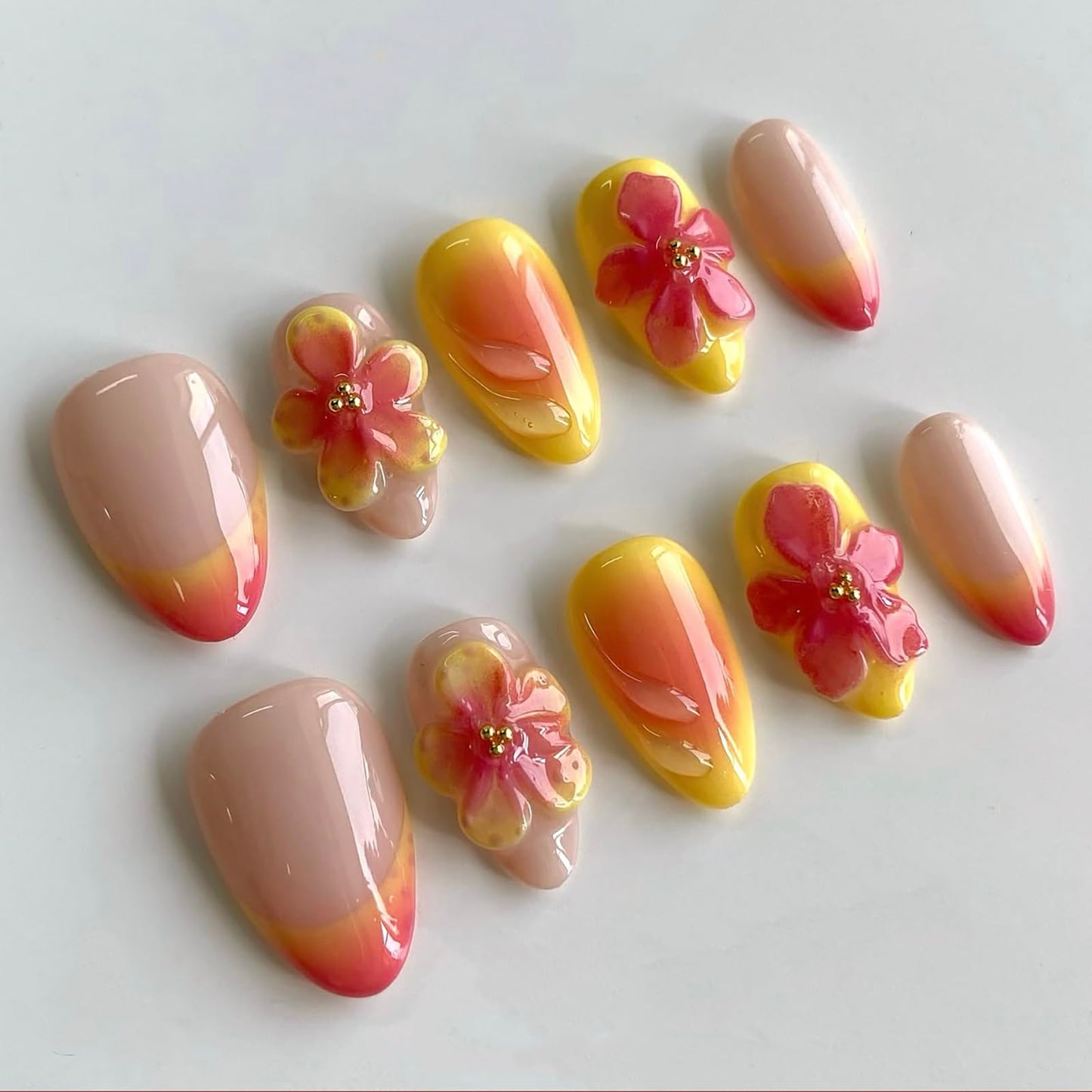 Luxury Press on Nails Short Almond Handmade 3D Unique Reusable ABS Material Fake Nails French Tip False Nails with Designs Flower Yellow&Pink Glossy Glue on Nail Thick Acrylic Nail(M)