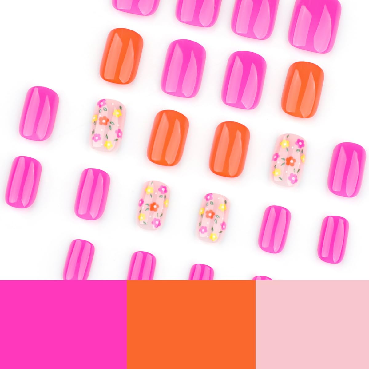 Short Square Press on Nails Flower Fake Nails Spring Summer False Nails Press ons with Multicolor Floral Print Cute Acrylic Nails Full Cover Glue on Nails Stick on Nails for Women Manicure 24Pcs