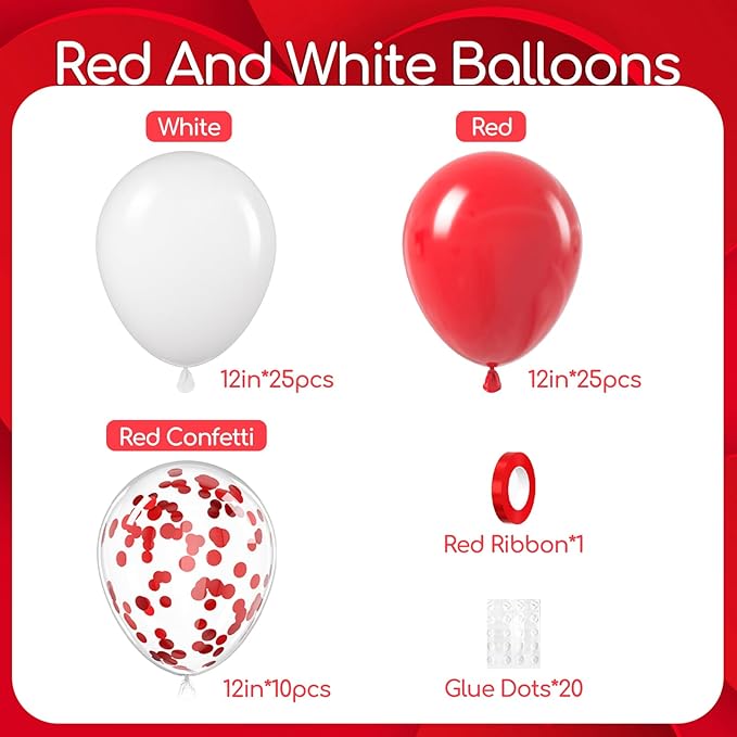 60pcs Red and White Balloons 12inch with White Red Confetti Balloons for Wedding Engagement Christmas Valentine's Day Birthday Party Decorations