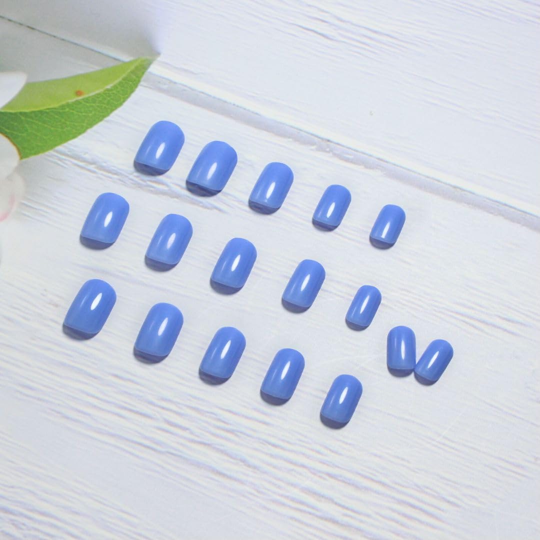 Blue Press On Nails Short Square, KXAMELIE Natural Gel Nails Glue on Acrylic Nails Press ons Featured Protective Coat Thick Reusable Fake Nails Solid Color 24 Short Coffin Artificial Nails