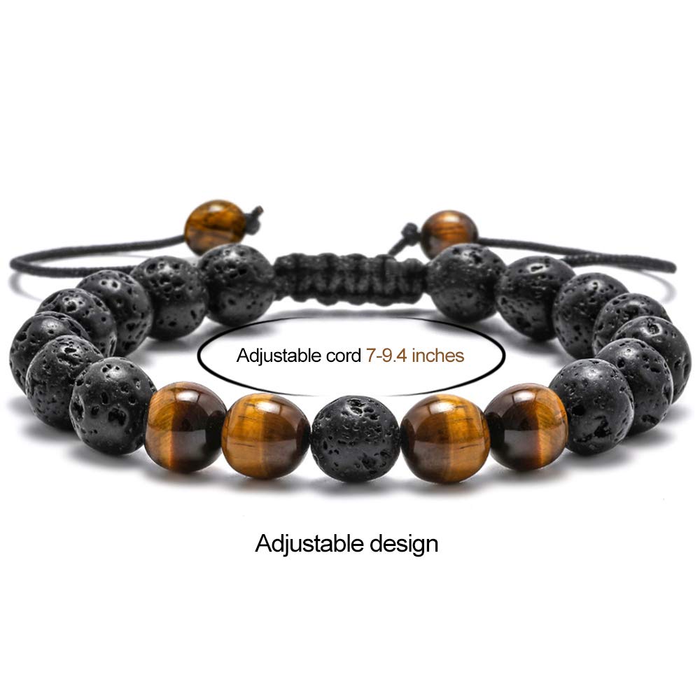 M MOOHAM Bracelets for Men Gifts - Beaded Lava Rock Tiger Eye Black Adjustable Bracelets for Mens Jewelry Gift