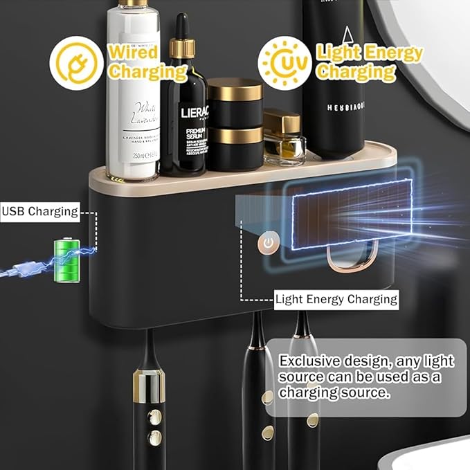 Toothbrush Holders for Bathrooms, Toothbrush Holder Wall Mounted with Toothpaste Dispenser Bathroom Solar Charging and No Drilling Required Tooth Brush Holder with 5 Brush Slots