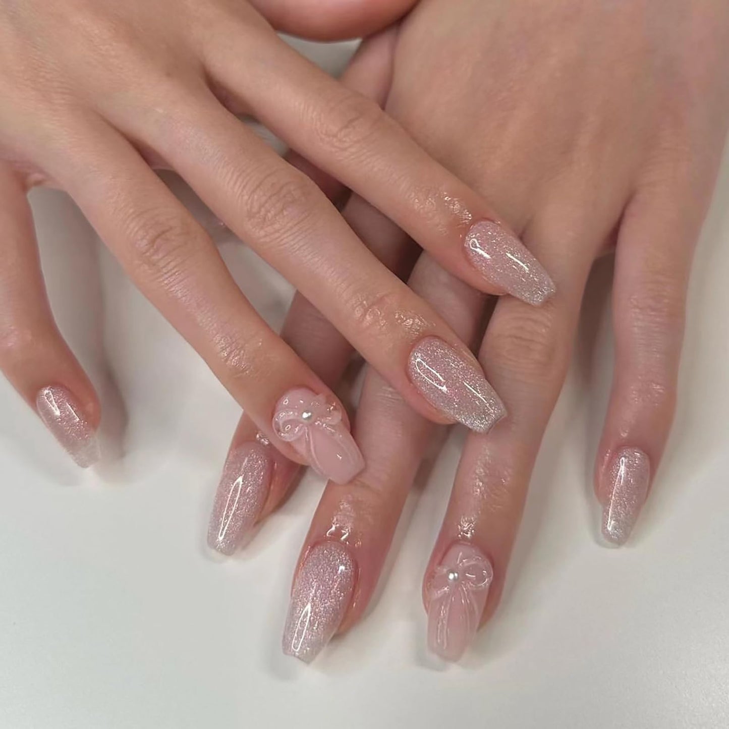 Light Pink Press on Nails Medium Coffin SWEKKE Fake Nails Full Cover 3D Bow False Nails with Pearl Designs Glossy Glue on Nails Cute Acrylic Nails Artificial Nails for Women Girls 24Pcs