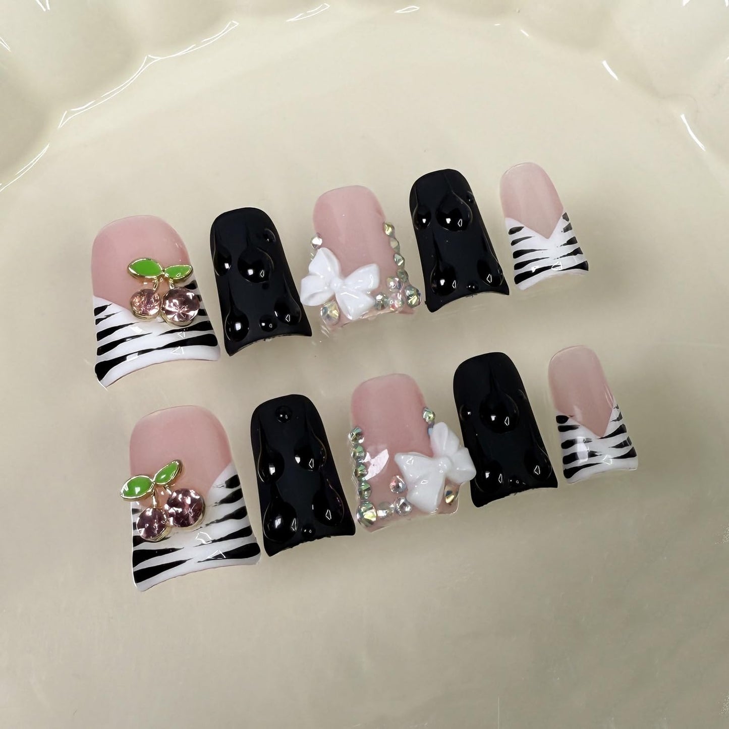 Duck Press on Nails Short Handmade 3D Flower & Cherry Fake Nails Muti-Layer Gel Thick Acrylic Nail Stripe French Tip False Nails with Designs Rhinestones Glossy Black Stick on Nail for Women（M）