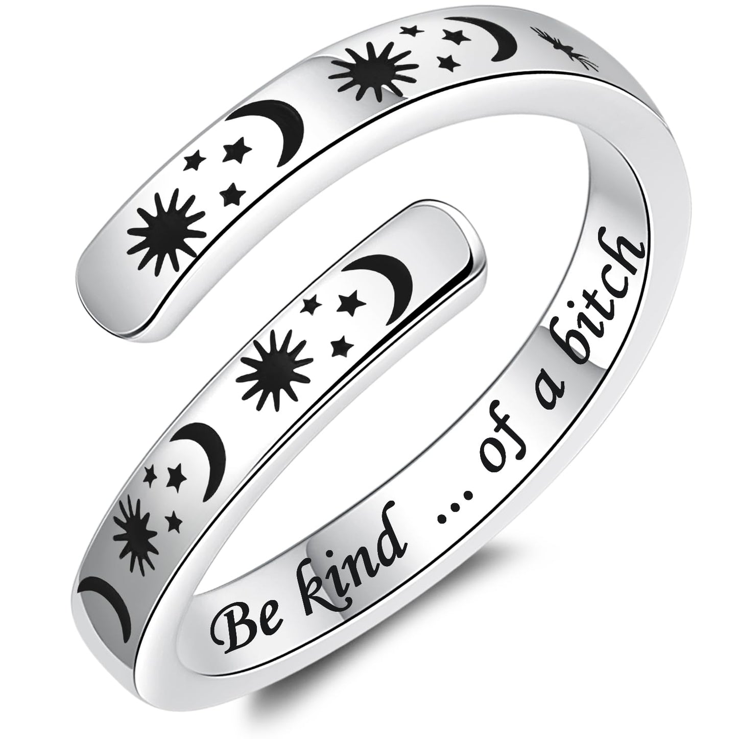 925 Sterling Silver Inspirational Jewelry Adjustable Wrap Open Ring Encouragement Gift for Women (Sun & Moon - Be kind ...of a b*tch)
