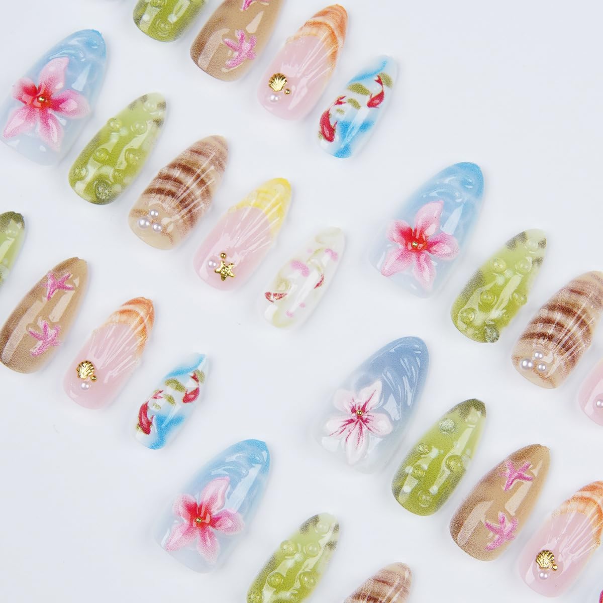 30Pcs Summer Press on Nails Medium Almond French Tip Fake Nails 3D Gold Shell Rhinestones with Flower Chinese Style Zen Ocean Designs Koi Fish False Nails Cute Stick on Nail for Women Acrylic Manicure