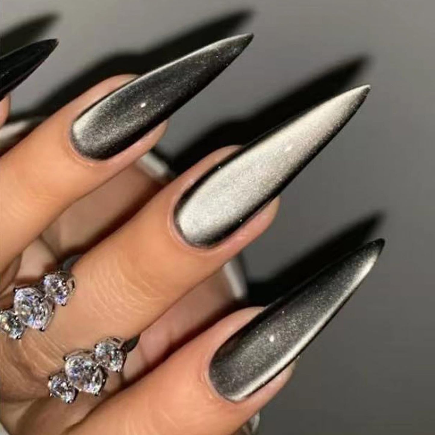 MISUD Press on Nails - Long Stiletto Fake Nails with Goth Black, Acrylic Gothic Cat Eye Design 24 pcs