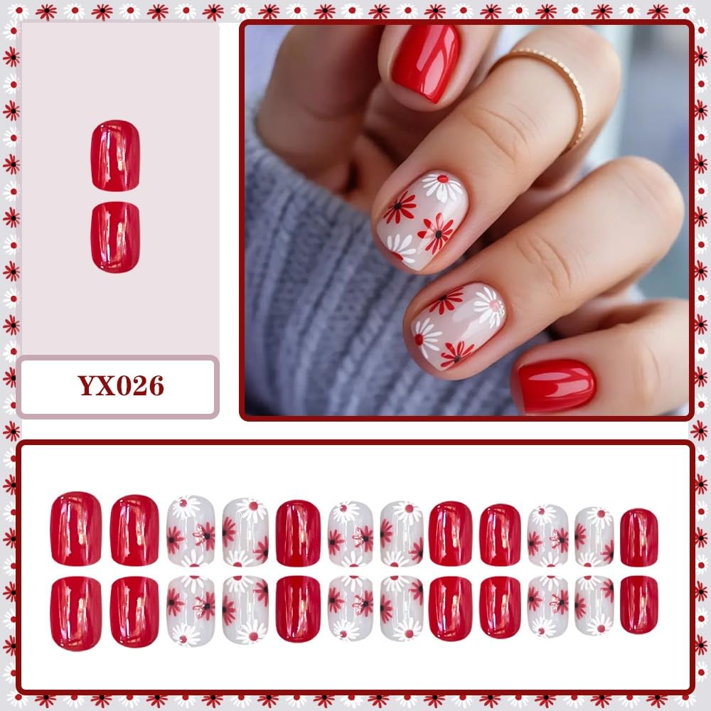 Flower Press on Nails Short Square Fake Nails with Red Floral Design Glossy Red Glue on Nails White Daisy Nails Press ons Reusable Full Cover Spring Summer Acrylic Nails for Women Manicure 24Pcs