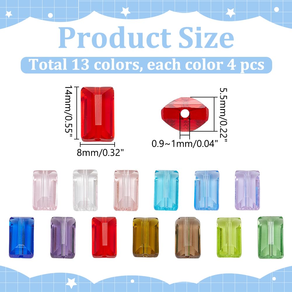 PH PandaHall 52pcs 13 Colors Faceted Glass Beads - Flat Rectangle Crystal Spacer Beads for DIY Jewelry Making, 14x8 mm