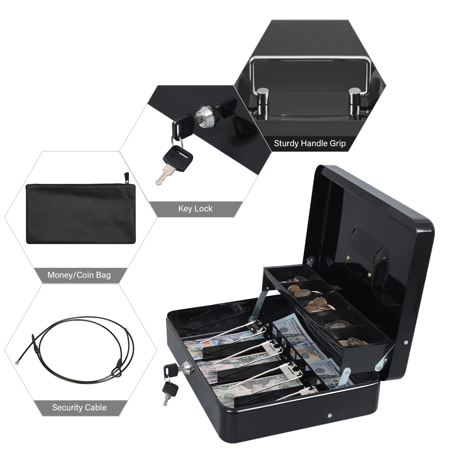 KYODOLED Cash Box with Money Tray, Key Lock Money Safe with Security Cable and Waterproof Bag, 11.81L*9.45W*3.54H inch, Black X Large