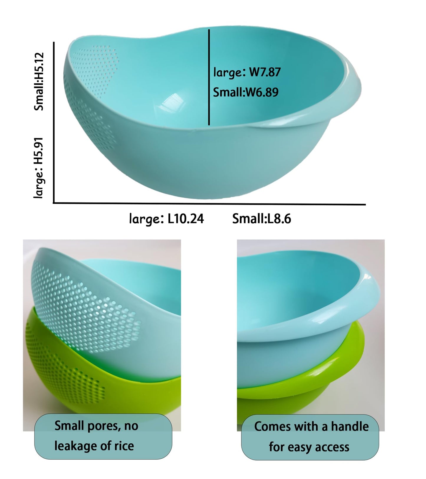 2-in-1 Rice Colander, Vegetable and Fruit Cleaning Filter Basket, 2Piece Sturdy and Easy-To-Use Food Grade Kitchen Tool Accessories (green, Small)