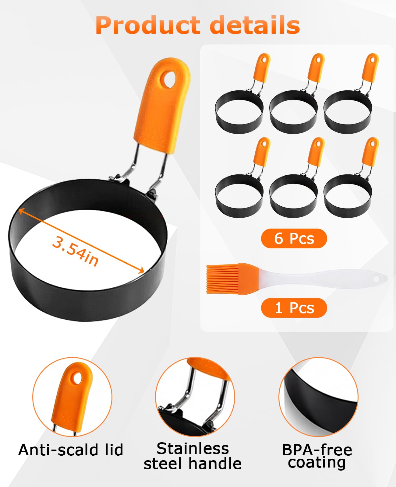DAWZMR 6 PCS Egg Rings 3.5 Inch, Egg Ring Mold for Cooking Frying with Oil Brush, Blackstone Fried Egg Circles for Breakfast Sandwiches