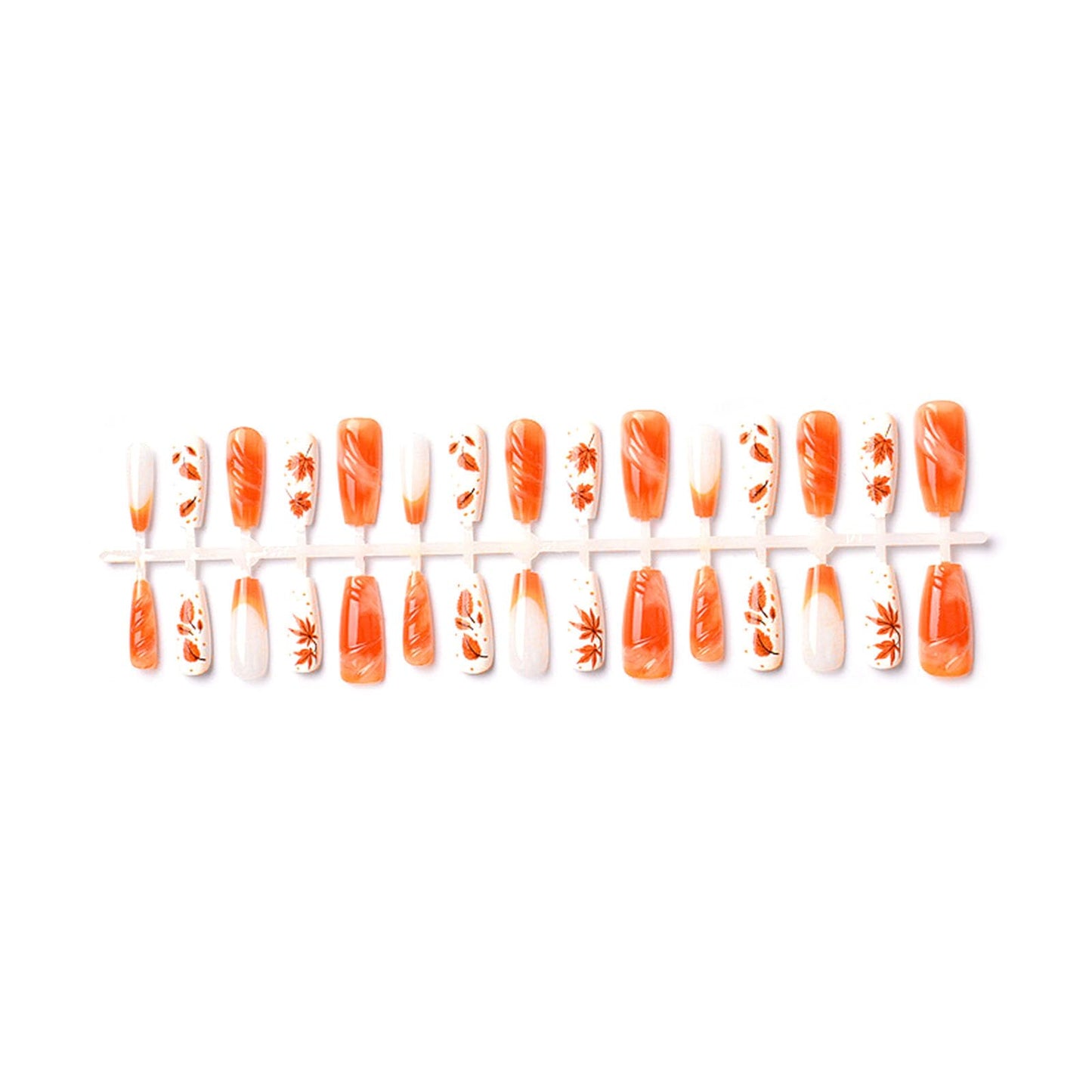 Fall Press on Nails Medium Square Fake Nails with Maple Leaves Dot Lines Designs Glossy Nails Press ons Orange French Tip Glue on Nails Autumn Acrylic Artificial Stick on Nails for Women 30Pcs
