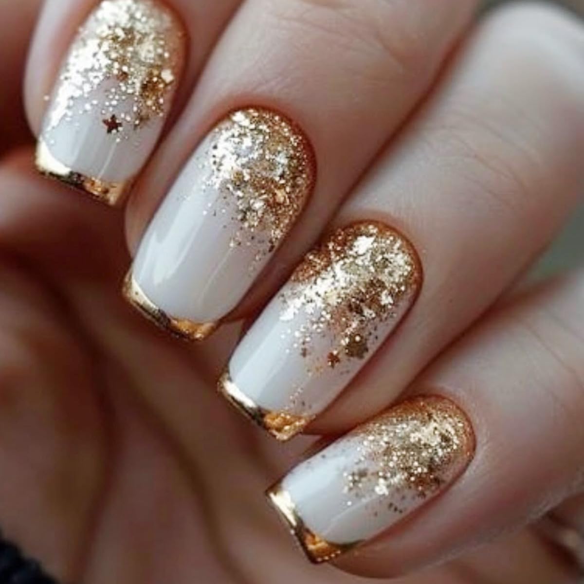 Medium Square Press on Nails White Fake Nails with Gold Glitter Design Acrylic Full Cover Stick on False Nails for Women Manicure 24Pcs