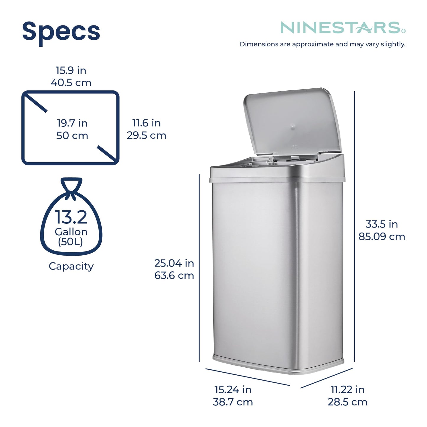 Ninestars 13 Gallon Automatic Trash Can, 50L Touchless Motion Sensor Garbage Can with Odor-Sealing Lid, Rectangular Stainless Steel, Silver Trim