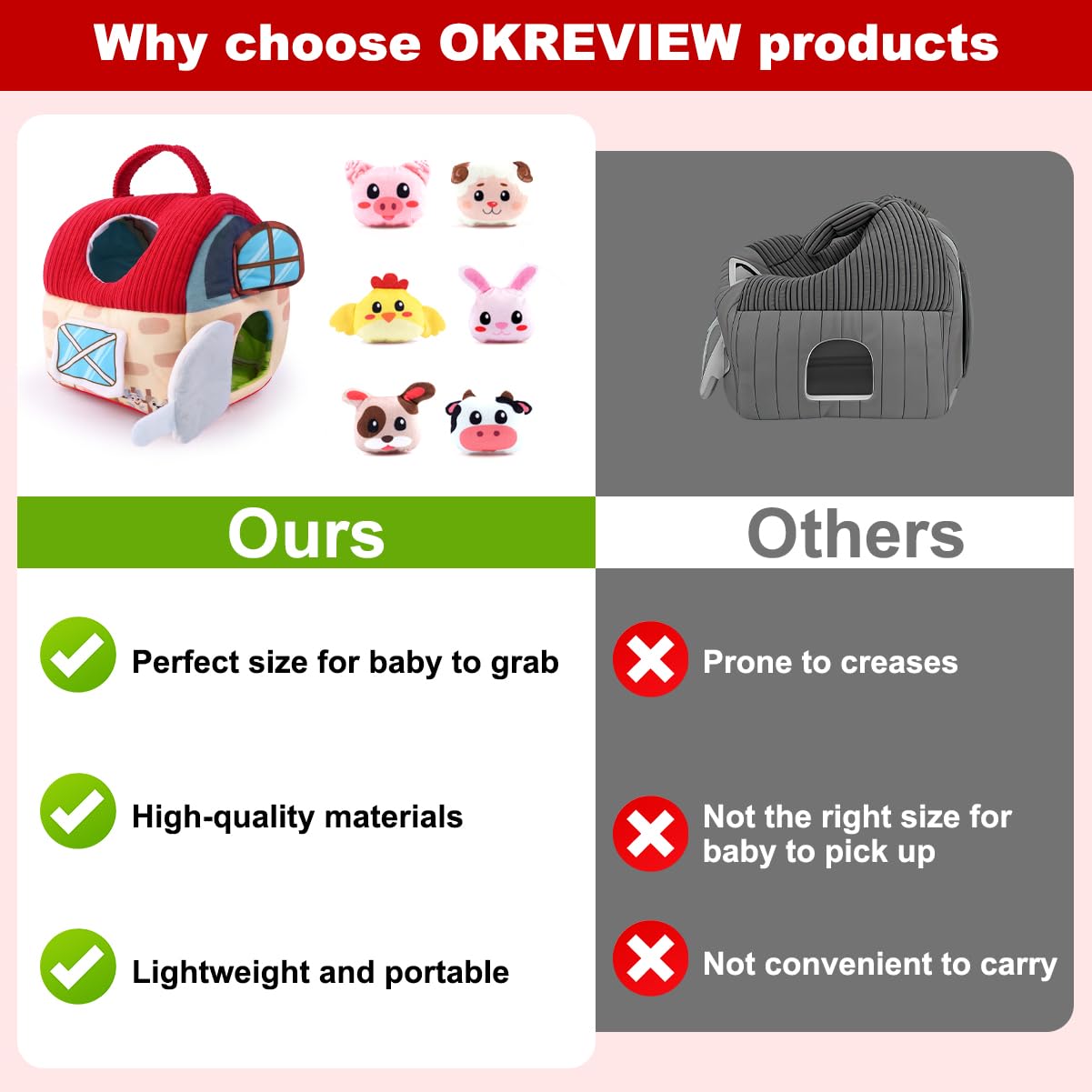 OKREVIEW Easter Baby Toys 6–12 Months, Montessori Sensory Farm Barn with Plush Animals, Rattles, Crinkle Paper & Mirror – First Birthday Gift, Easter Basket Stuffer for Babies