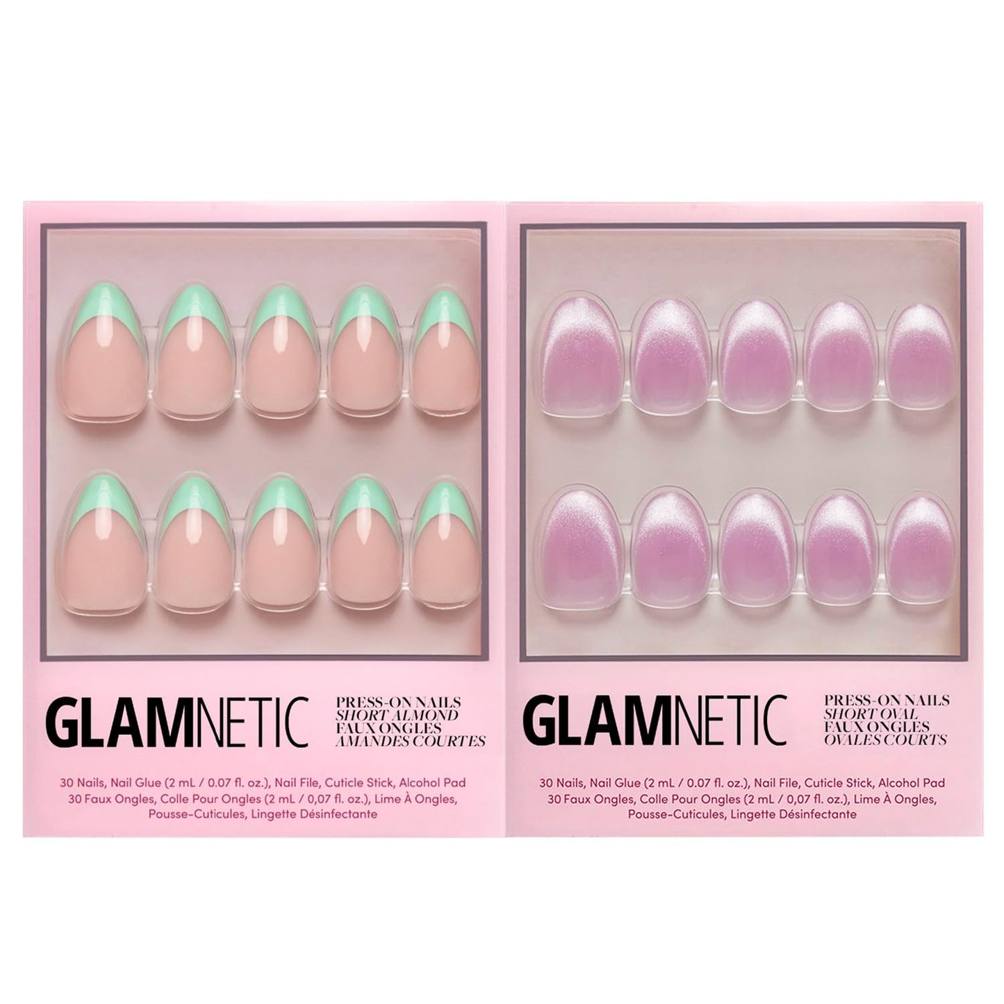 Glamnetic Press-On Nails Bundle - Pistachio Crème & Fairy Dust | Short Almond Mint Blue French Tips with a Glossy Finish | Short Oval Beige-Pink False Nails with a Metallic Finish | Reusable, Salon-Qu