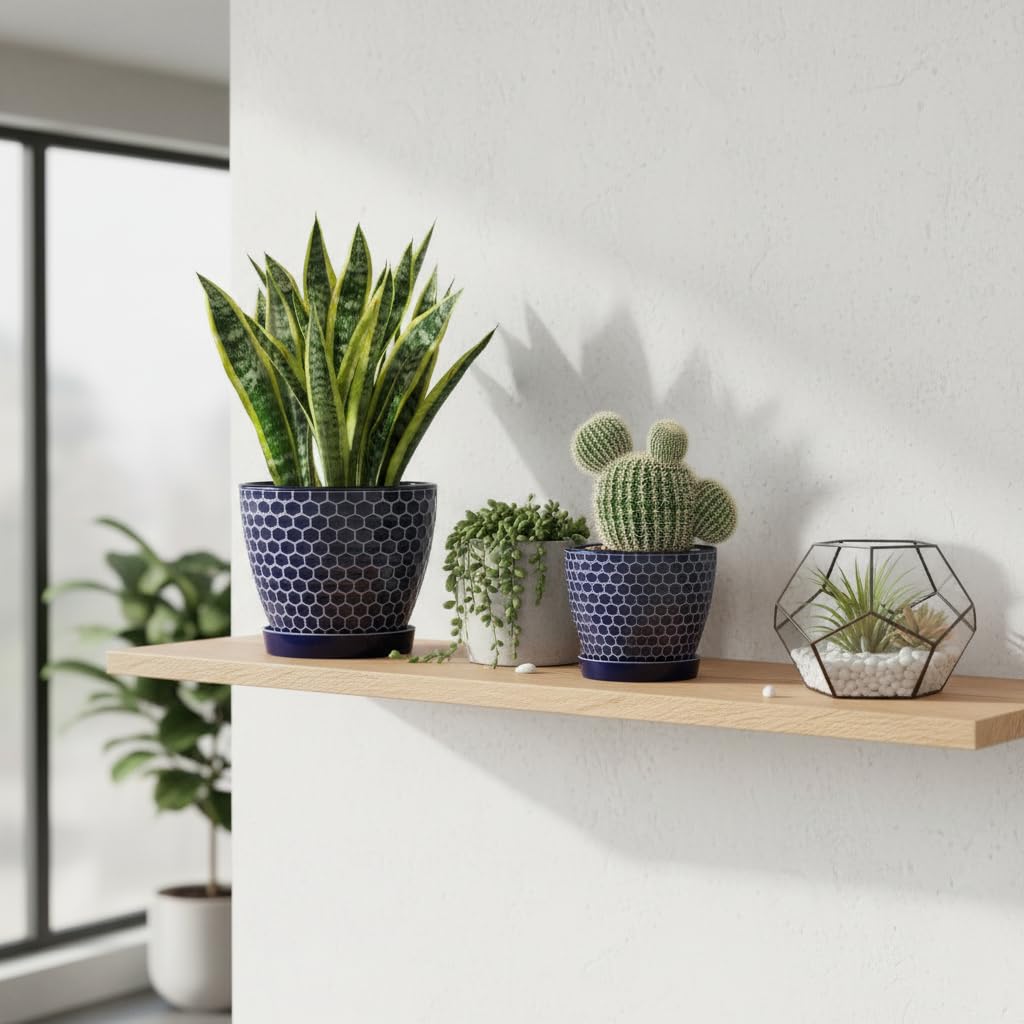 Docrin Blue Honeycomb Ceramic Plant Pot Set - 6.6"+5.5" Inch, Modern Decorative Planters with Drainage Holes & Saucers for Indoor/Outdoor Home Office