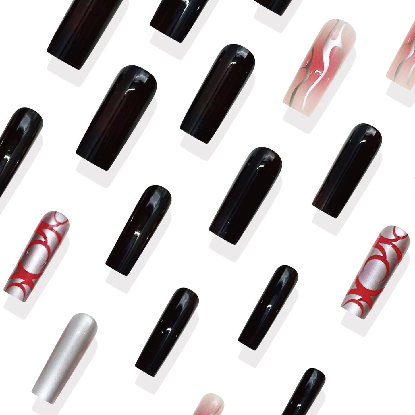IMRAIN Press on Nails Long Square Fake Nails with Silver Metal Flame, Red Ombre Designs Handmade Full Cover False Nails for Women Manicure Decoration 24Pcs