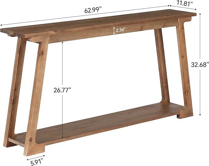Tribesigns 63-Inch Long Console Table, 2-Tier Solid Wood Sofa Table with Storage, Narrow Behind Couch Accent Furniture for Living Room, Hallway, Entryway