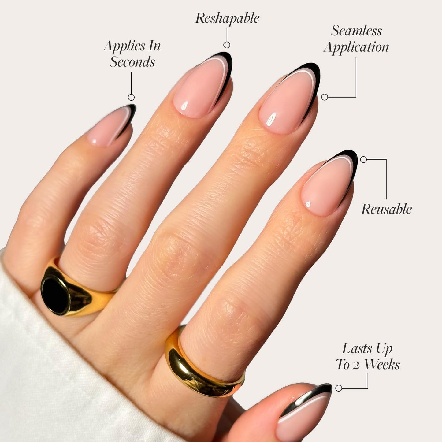 Glamnetic x GLAMZILLA Press On Nails - NO IN BETWEEN | Short Almond Fake Nails, Black & White Micro French Tips, Salon Quality, Everyday | 15 Sizes - 30 Nail Kit with Glue