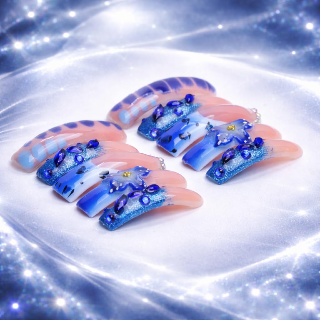 IntoVibes Handmade Curved Press On Nails, 10 Pcs Long Pink Blue Gradient Acrylic False Nails with 3D Flower and Rhinestones (L)