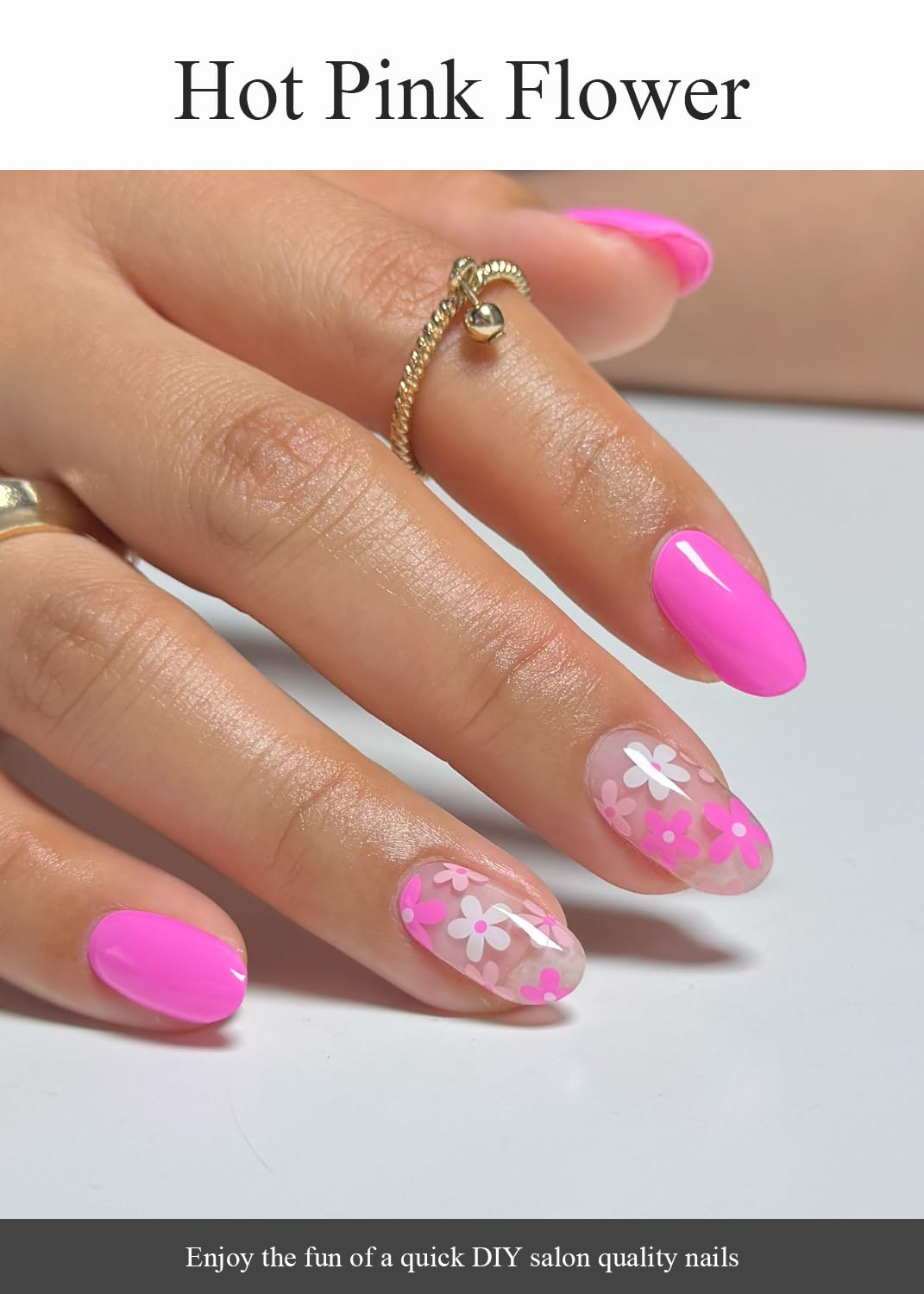 AutyaMee Semi Cured Gel Nail Strips (Hot Pink Flower), 20 Pcs Summer Gel Nail Wraps, Stickers, UV Light Required, Salon Quality, Long Lasting