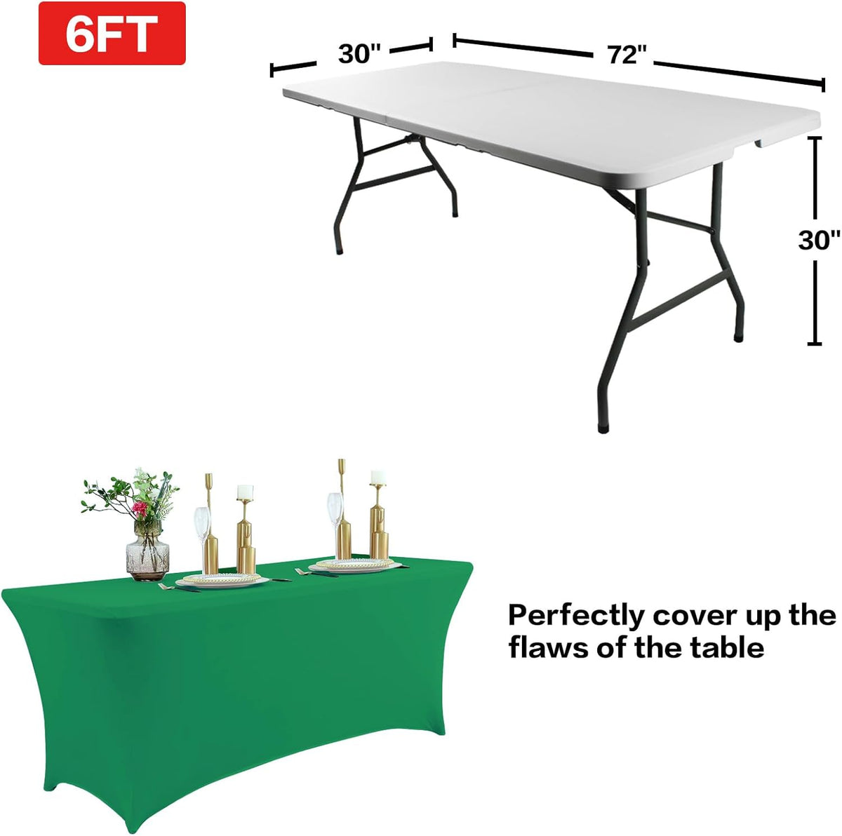 IVAPUPU 2 Pack 6FT Table Cloth for Rectangular Fitted Events Stretch Emerald Green Table Covers Washable Spandex Tablecloth Protector for Party, Wedding, Cocktail, Banquet, Festival