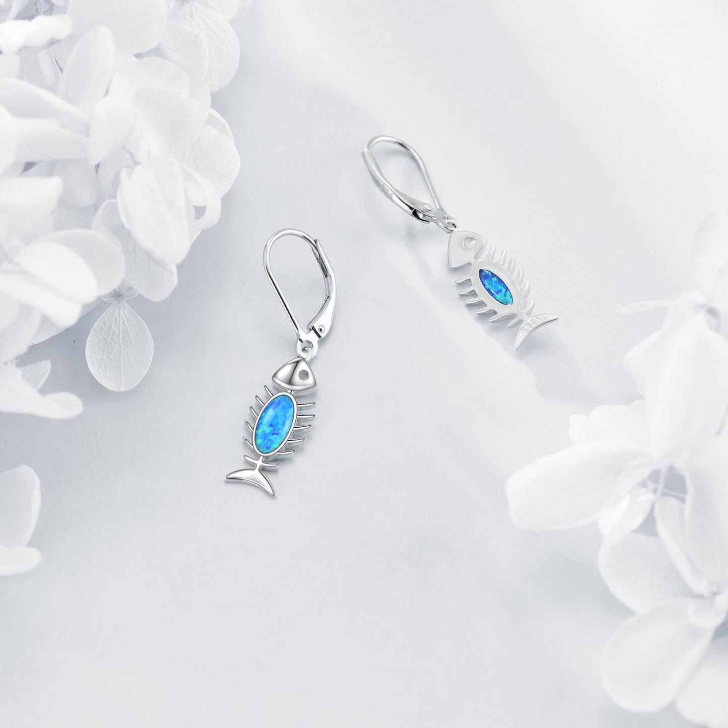 Fish Bone Dangle Earrings Sterling Silver Blue Opal Fishbone Skeleton Drop Earrings Jewelry Gift for Women