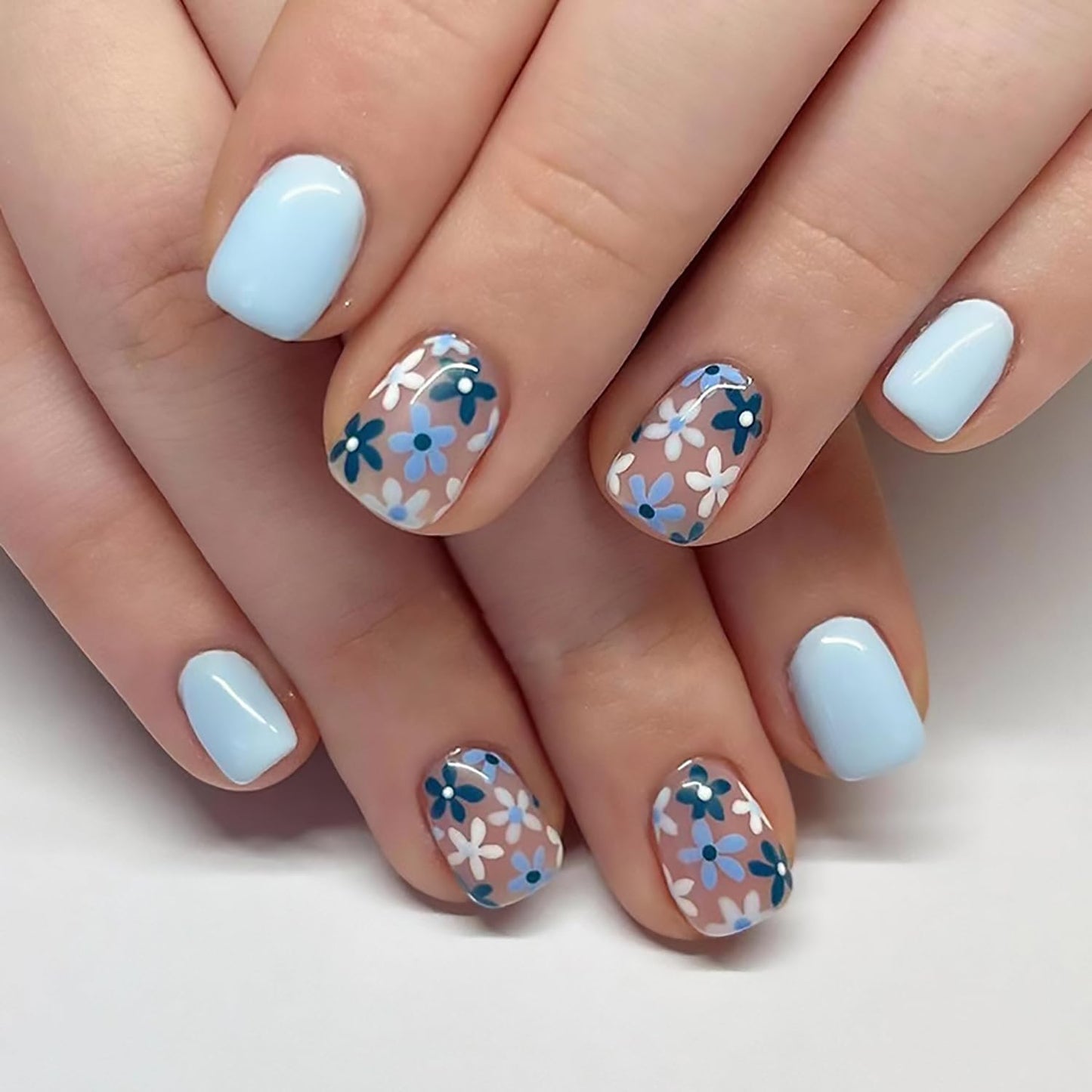 Tyuimhx Blue Flowers Press on Nails Square Short Fake Nails Spring Light Blue False Nail Glossy Full Cover Stick on Nail for Women 24Pcs