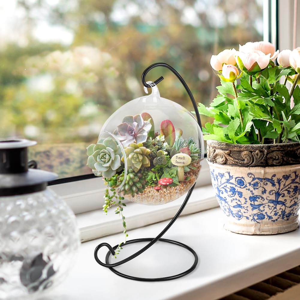 Air Plant Terrarium Kit with Stand, Hanging Glass VaseTerrarium Globe with Metal Ornament Display Stand Tabletop Glass Terrarium for Air Plants Small Plants