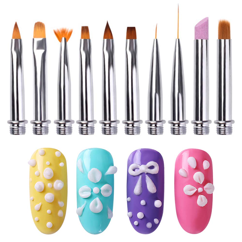 SILPECWEE Acrylic Nail Brush Set, 10-Piece Replacement Head- Liner, Oval, Flat, Angled, Fan, Ombre, Pumice Stone, Drawing Nail Design Tool Nail Art Brushes Nail Polish Brush Manicure Brushes