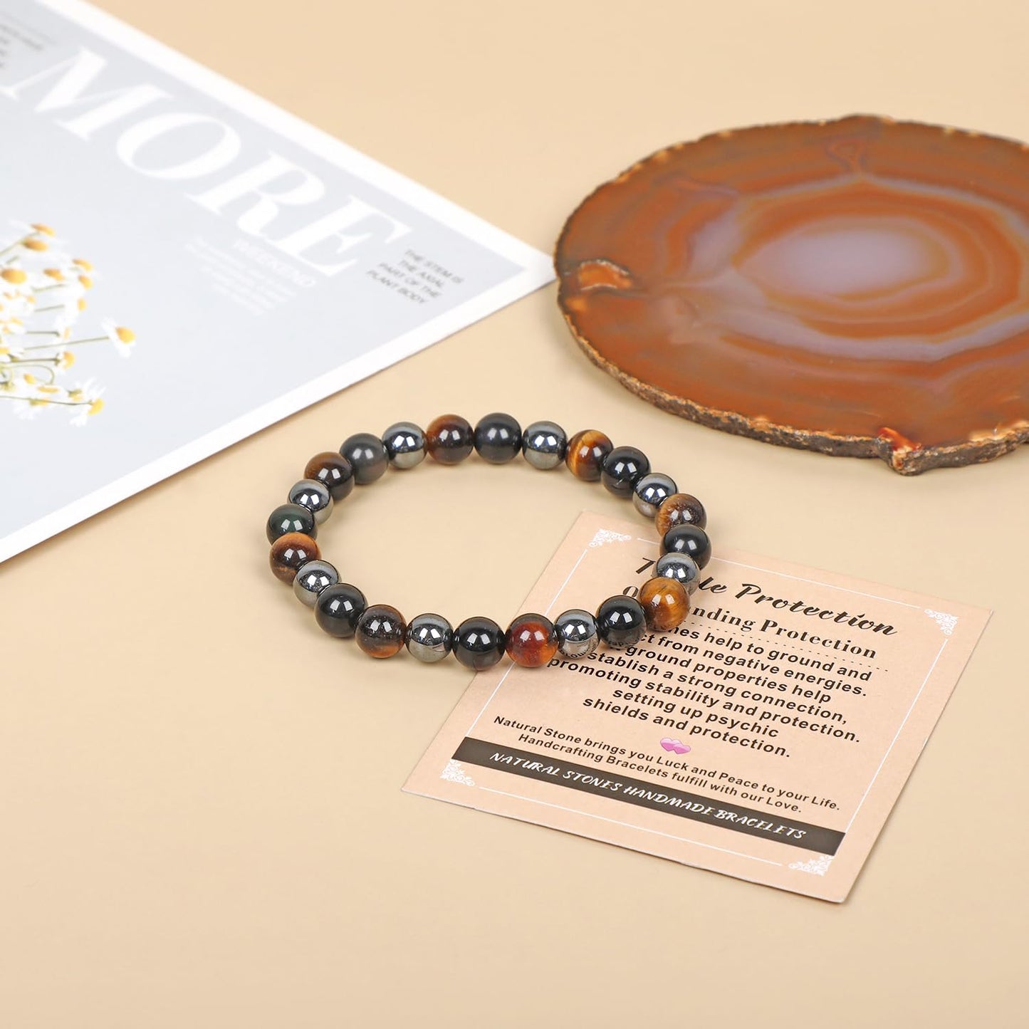 AD Beads Handmade Gemstone Stretch Elastic Bracelet Crystal Healing Reiki Nature's Beauty and Spiritual Essence Unisex (10mm, Triple Protection (Strong Protect))