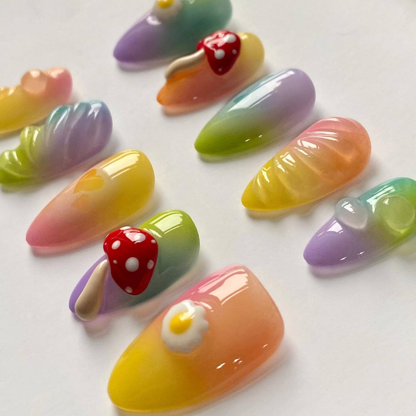Handmade Press on Nails Short Almond 3D Unique Reusable ABS Material Cute Fake Nails Luxury False Nails with Designs Mushroom Egg Colorful Glossy Glue on Nails Thick Acrylic Nails(S)