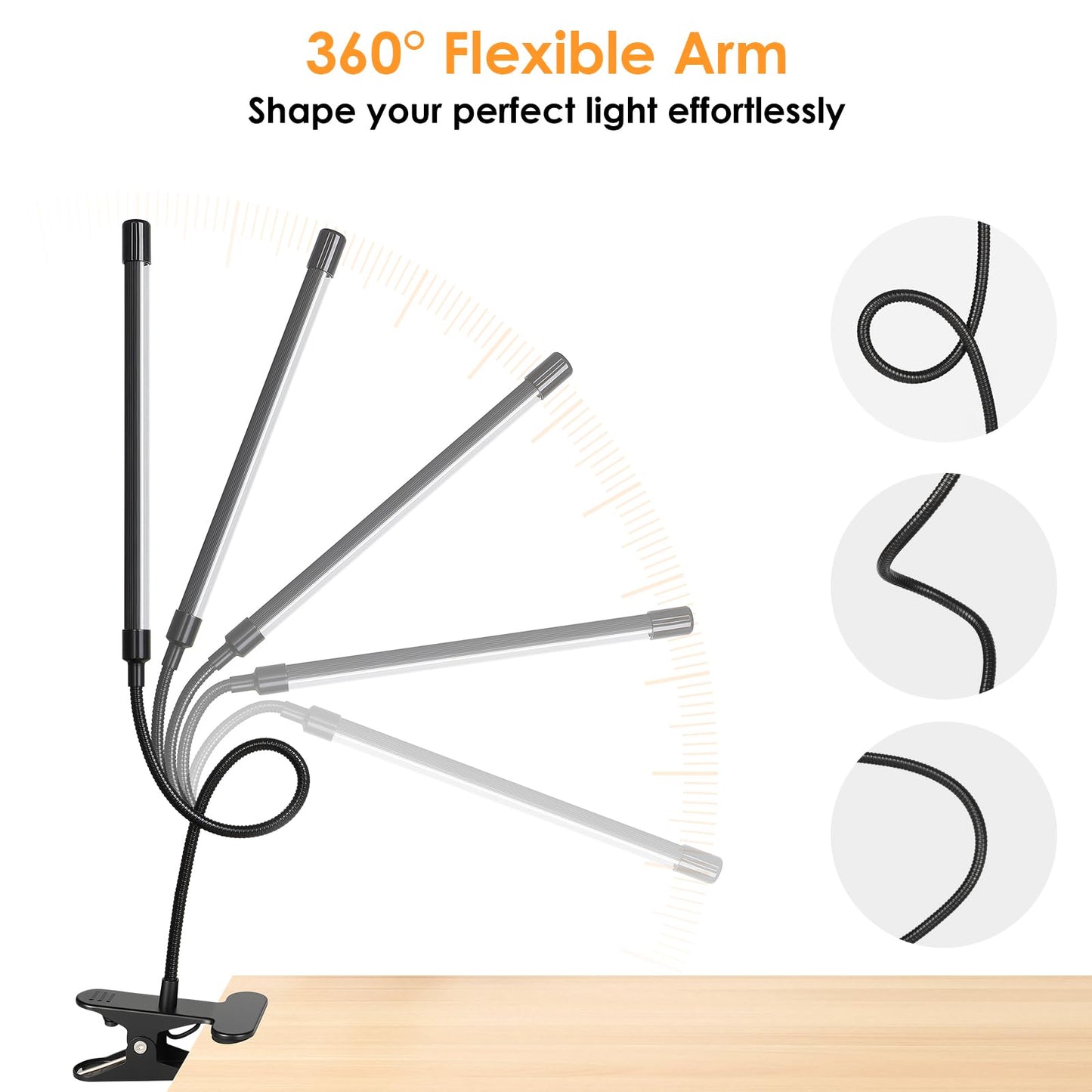 ShineTech LED Desk Lamp with Clamp, 3-Head Adjustable Gooseneck Task Lamps, Eye-Caring Stepless Dimming, 4 Color Modes, Memory & Auto-Off Timer, Clip On Desk Light for Home Office, Study, Reading