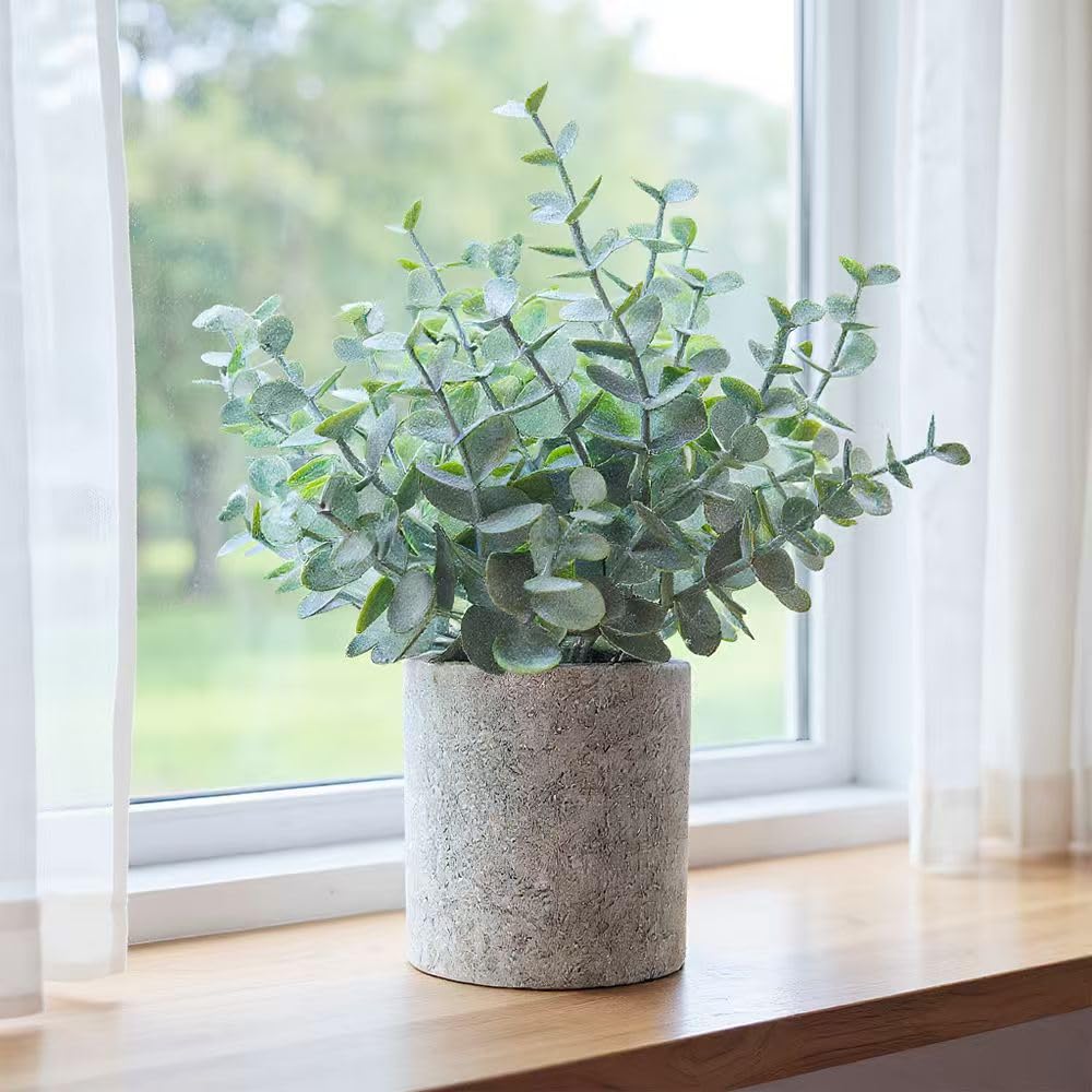 HappyFiller 2PCS Small Fake Eucalyptus Potted Artificial Plants Indoor Outdoor for Shelf,Home,Living Room, Bathroom,Kitchen,Coffee Table Decor