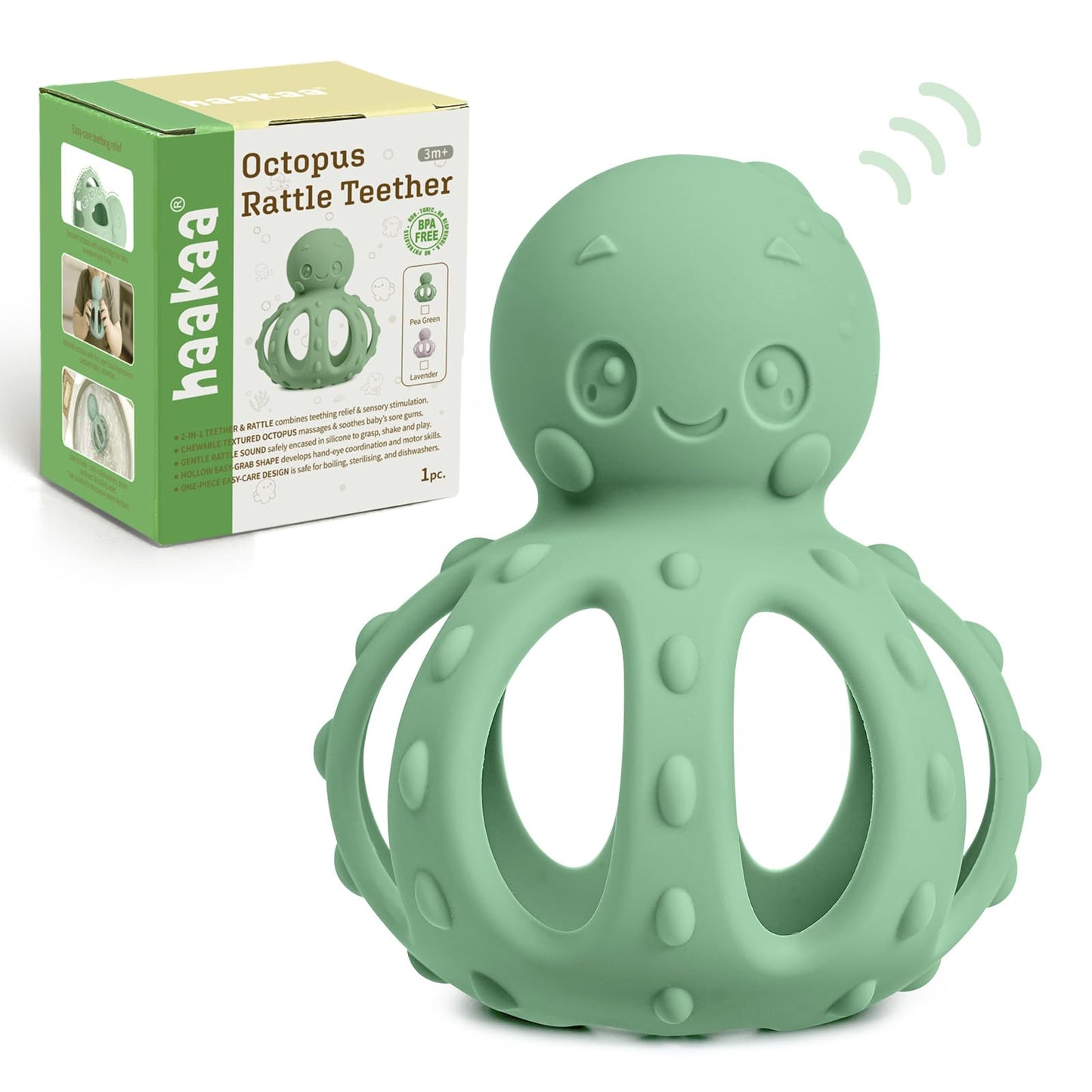 haakaa 2-in-1 Baby Teething Toy,Octopus Teether with Gentle Rattle,Soft Textured Teether for Sore Gums,Easy to Grasp Sensory Toy for Babies 3M+,Pea Green