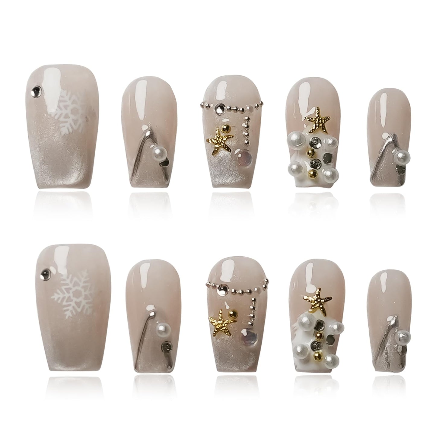 Tesytto Cat Eye Press on Nails Handmade Short Square - Snowflake & Luxe Tree Light Design with 3D Pearl Gold Star, Winter False Nails for Women Girls (Holiday Cateye,S)