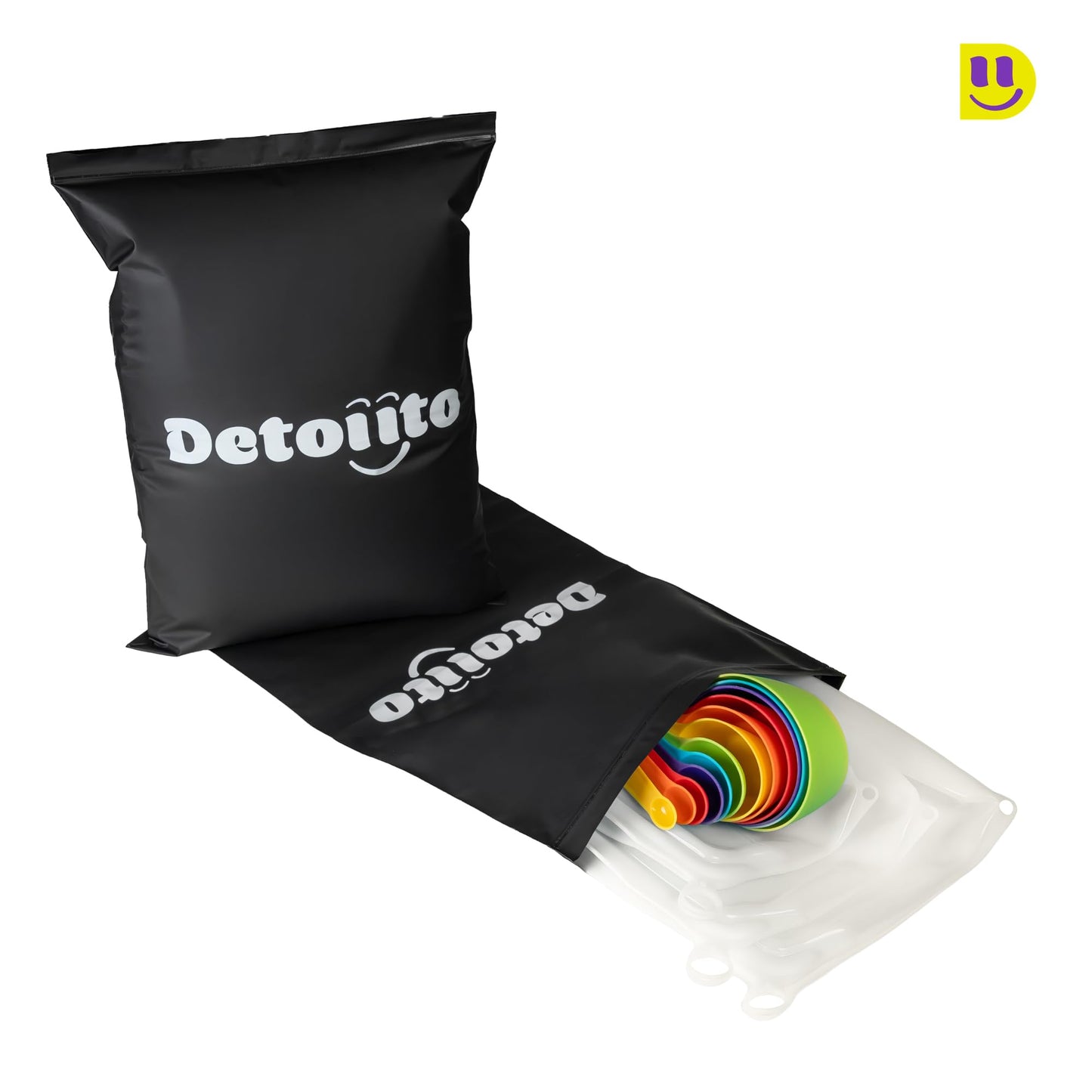DETOIITO [3 Pack] Reusable Silicone Bags + Measuring Spoons Set - Large, Medium, Small Stand Up Food Storage - Leakproof, BPA Free, Dishwasher & Microwave Safe. Thoughtful Mother's Day Kitchen Gift