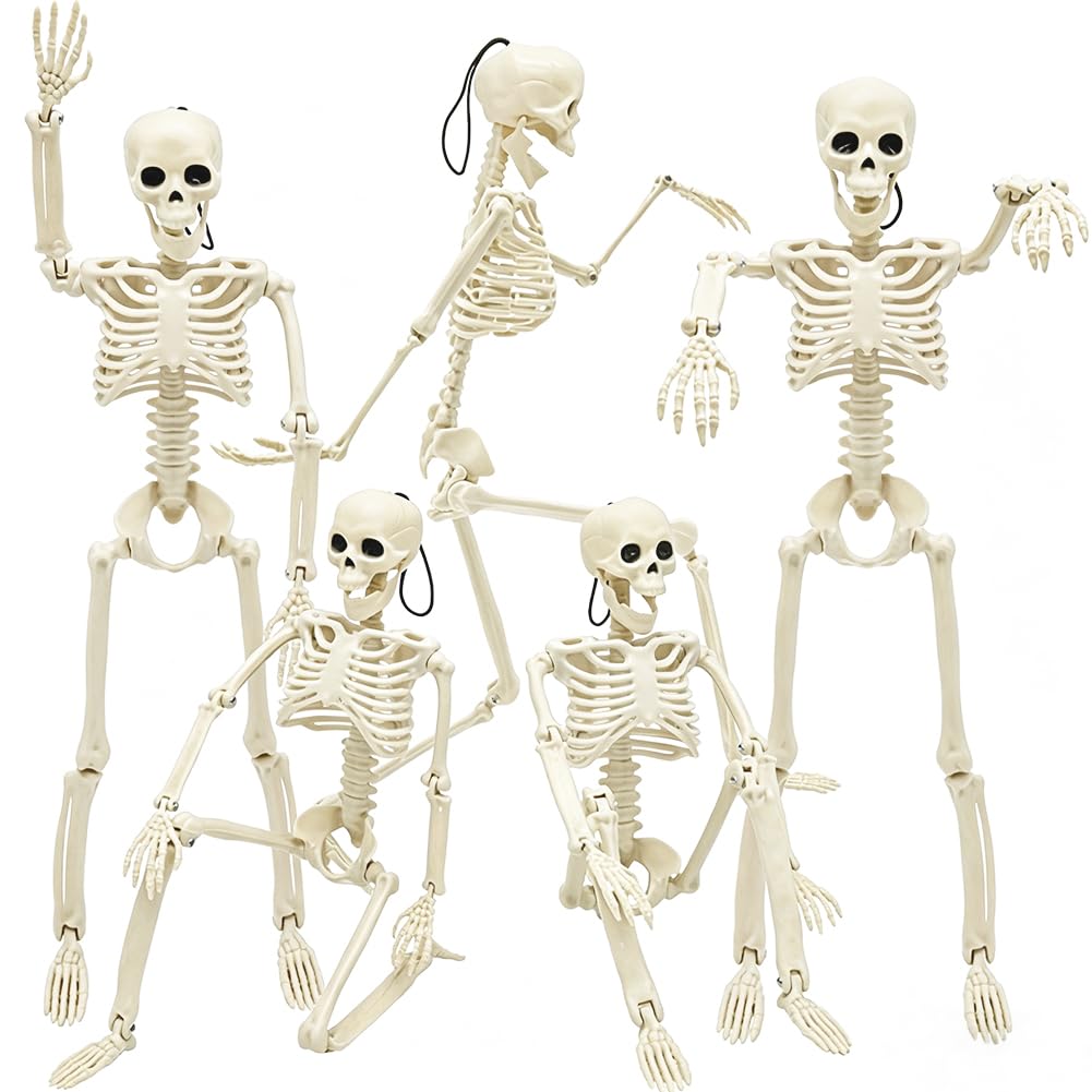 WODMAZ 5 Packs Halloween Skeletons, 16" Halloween Full Body Skeleton with Posable Joints for Haunted House Graveyard Props Decor