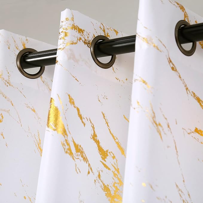 Taisier Home Gold Foil Print Linen Textured Curtains - Geometric Marble Pattern Design for Living Room - Thermal Insulated Window Treatment, 2 Panels, 84" L, Off White and Gold